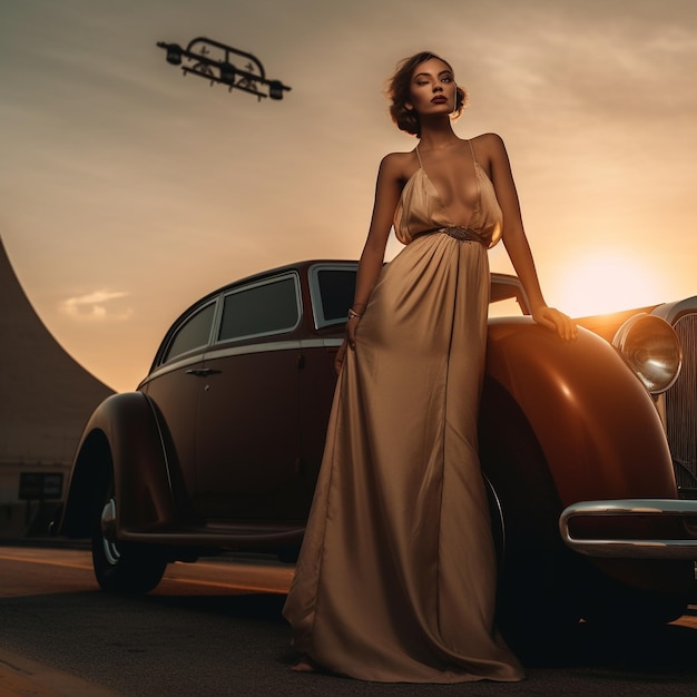 a woman stands next to a car with a sleigh flying in the background.