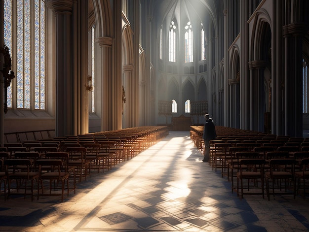 태양이 천장에 비치는 교회에 한 여성이 서 있습니다.