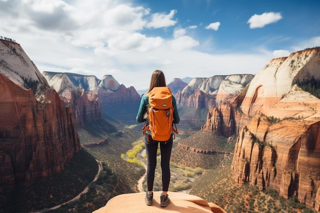 Foto una donna in piedi su una scogliera guardando i canyon