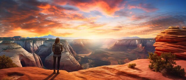 Foto una donna si trova su una scogliera a guardare il tramonto