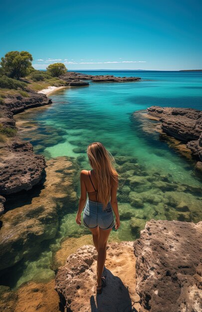 Photo a woman stands on a cliff overlooking the ocean