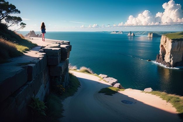 Женщина стоит на скале с видом на океан.