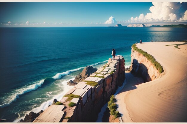 Photo a woman stands on a cliff overlooking the ocean.