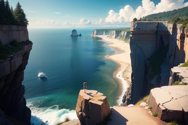 A woman stands on a cliff overlooking the ocean