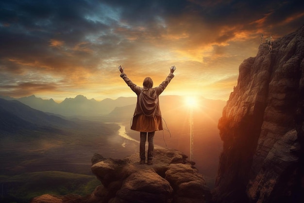 A woman stands on a cliff with her arms raised above her head.