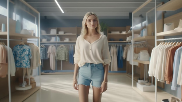 A woman stands in a clothing store wearing a white shirt that says't - shirt '