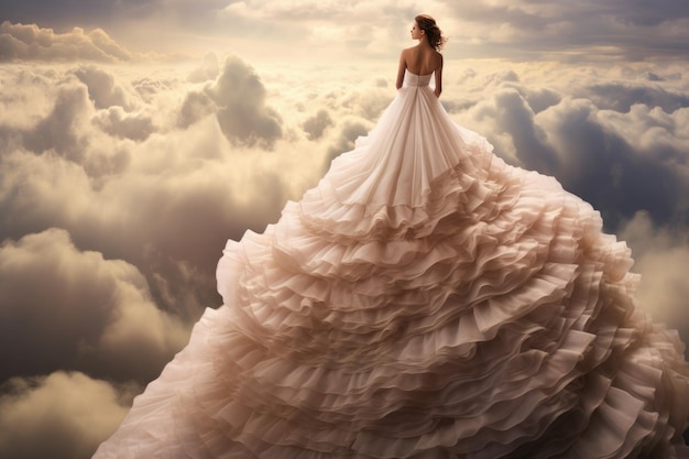 a woman stands on a cloud with a long white dress on the top.