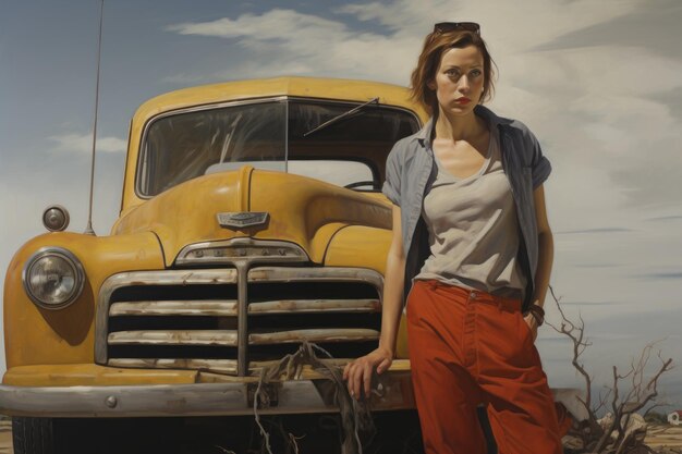 A woman stands confidently next to a vibrant yellow truck parked on a sunny day Woman and tow truck AI Generated