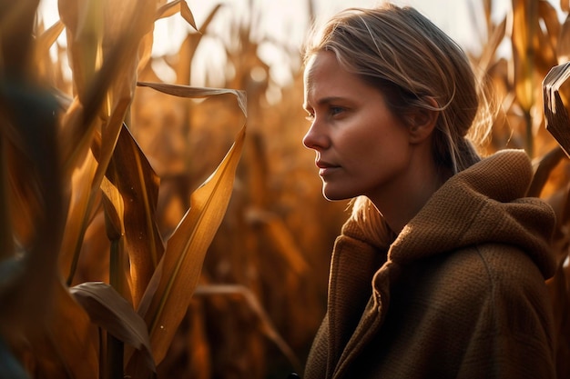 A woman stands in a cornfield candid shot ultra detailed sunlight generative ai