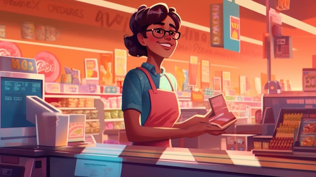 A woman stands behind a counter in a grocery store.