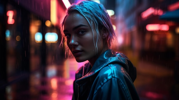 A woman stands in the dark in front of a neon sign that says'neon '