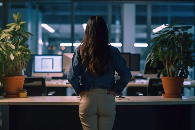 A woman stands in a dark office, looking out at computers.