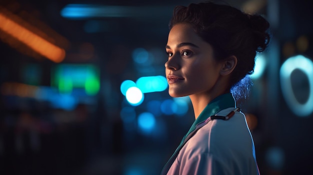 Photo a woman stands in a dark room with a blue light behind her.