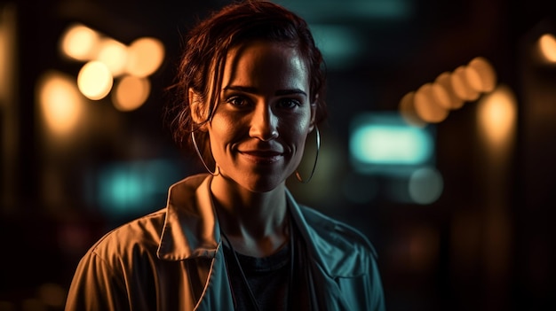 A woman stands in a dark room with lights in the background.