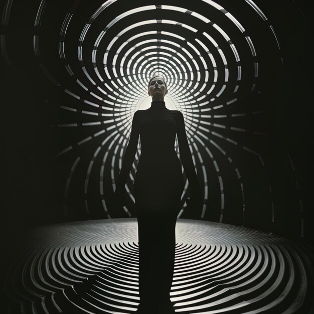 женщина стоит в темной комнате с мужчиной в черном платье и черно-белом круге с женщиной в центре