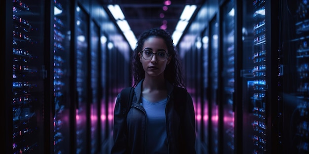 A woman stands in a dark room with a pink light behind her