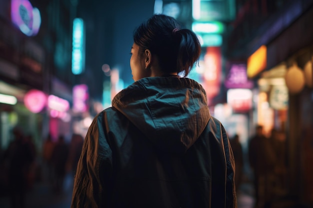 A woman stands in a dark street with neon signs in the background.