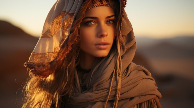 Photo woman in stands in the desert and looks at the sunset