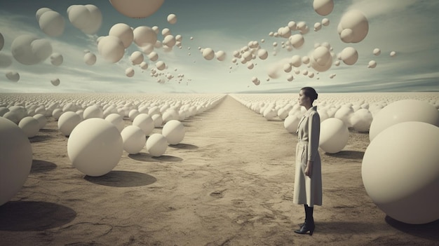 A woman stands in a desert with white balls floating around.