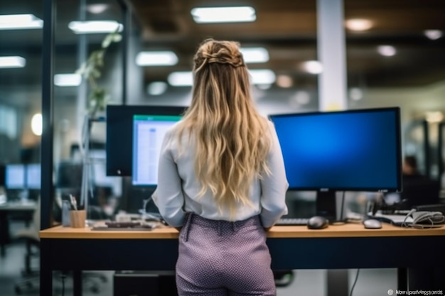 한 여성이 화면에 페이스북이라는 단어가 표시된 컴퓨터실의 책상에 서 있습니다.