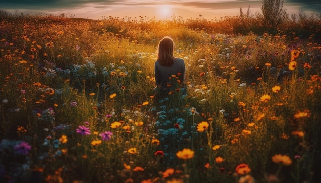 A woman stands in a field of flowers with the sun setting behind her.