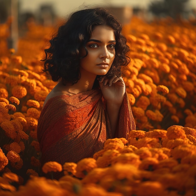 A woman stands in a field of flowers with the word marigolds on the front.
