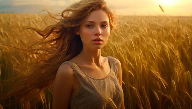 A woman stands in a field of golden wheat.