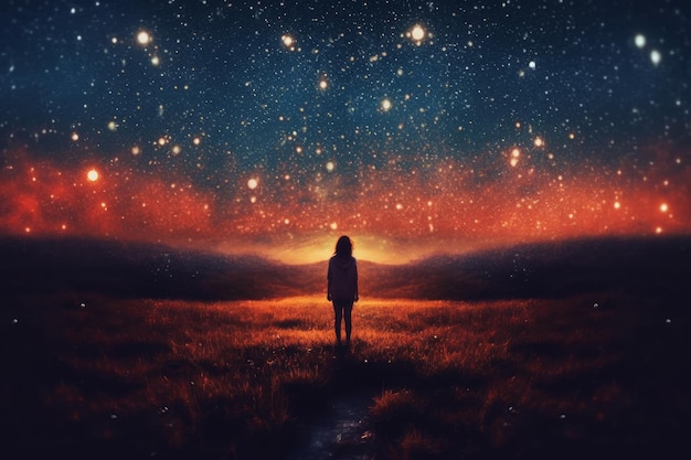 A woman stands in a field looking at the stars