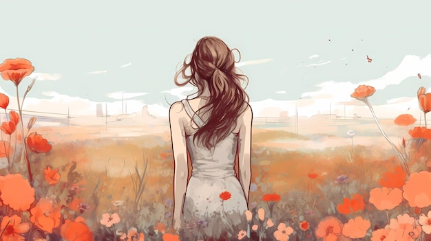 A woman stands in a field of poppies.