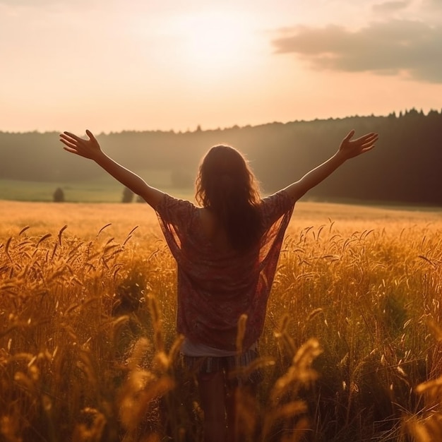 女性が腕を広げて小麦畑に立っており、太陽が彼女の顔を照らしています