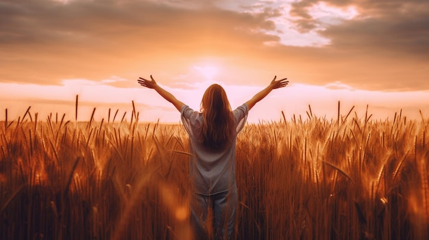 Photo a woman stands in a field of wheat with her arms outstretched