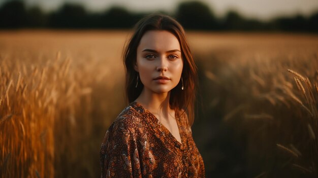 A woman stands in a field of wheat.