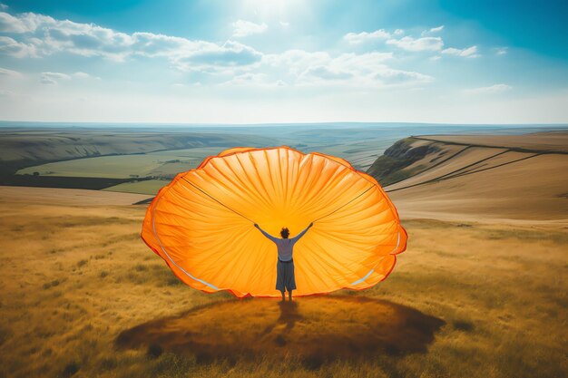 Женщина стоит в поле с ракушкой, на которой написано «солнце».