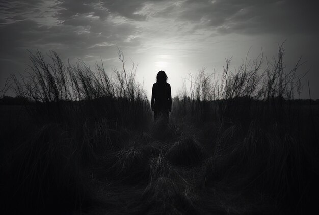 Photo a woman stands in a field with the sun behind her