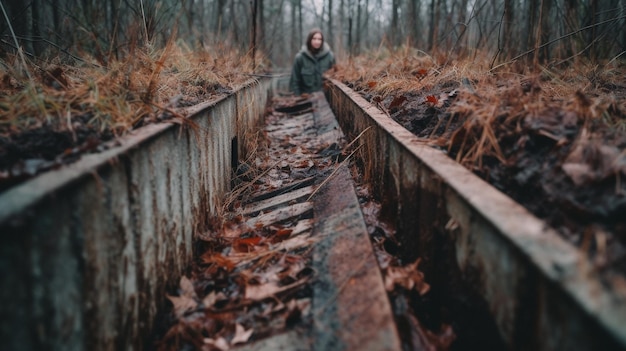 A woman stands in a forest with a rusted rail.