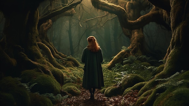a woman stands in a forest with a tree in the background.