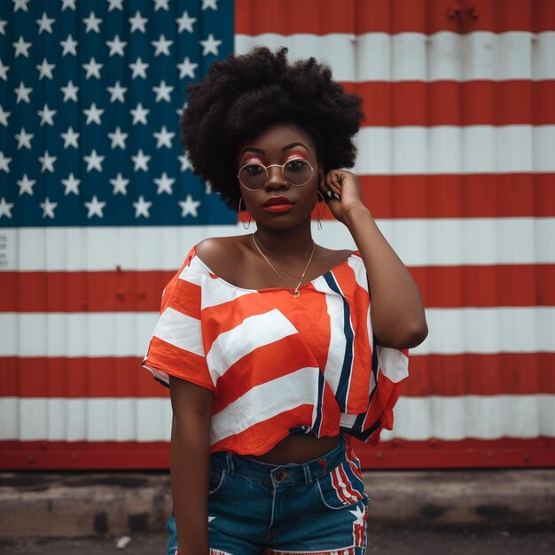 Photo a woman stands in front of a american flag