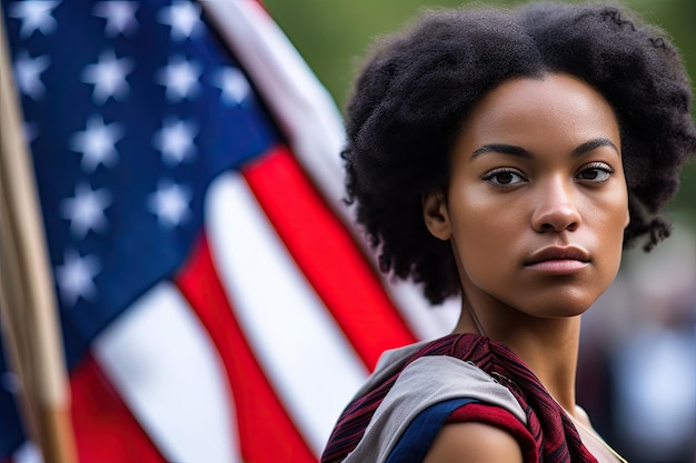 A woman stands in front of an american flag