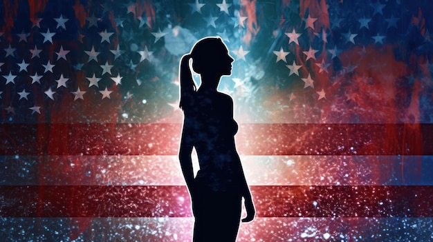 A woman stands in front of an american flag