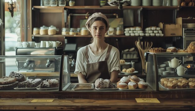 A woman stands in front of a bakery counter with apron on