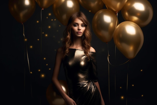 A woman stands in front of balloons with gold balloons behind her.