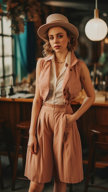 A woman stands in front of a bar wearing a vest and pants.