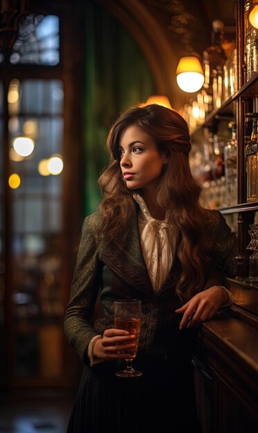 a woman stands in front of a bar with a glass of beer.