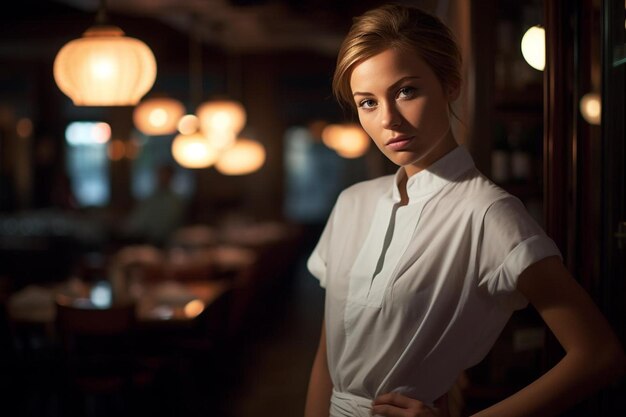 Photo a woman stands in front of a bar with her hands on her hips