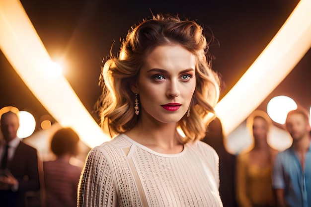 A woman stands in front of a bar with lights behind her.