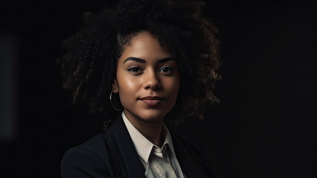 A woman stands in front of a black background.