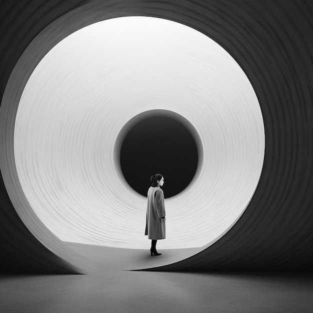 Photo a woman stands in front of a black and white tunnel that has a woman in a long coat