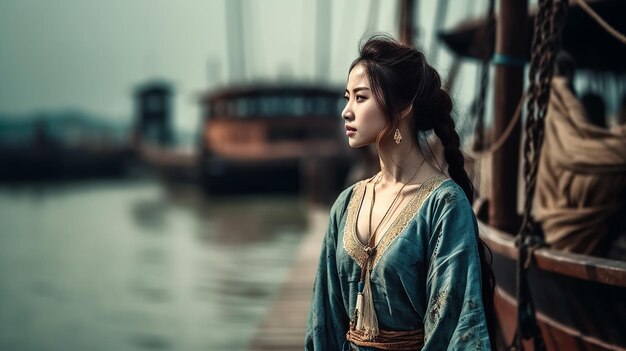 A woman stands in front of a boat in the water.