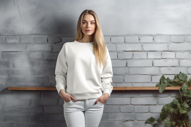 A woman stands in front of a brick wall with her hands in her pockets.