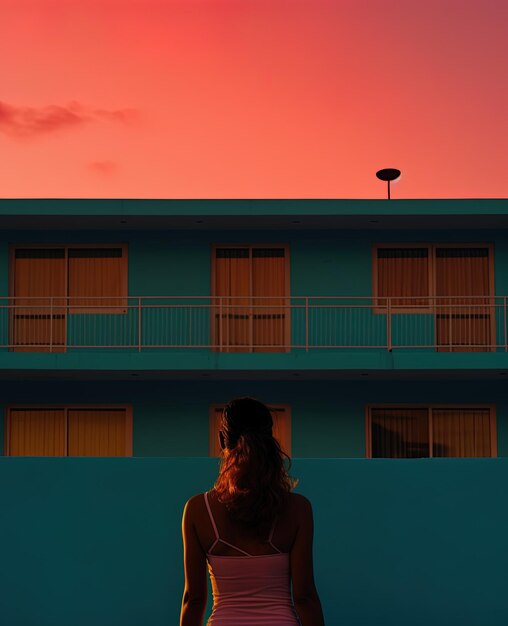 Photo a woman stands in front of a building with a balcony and a red sky behind her